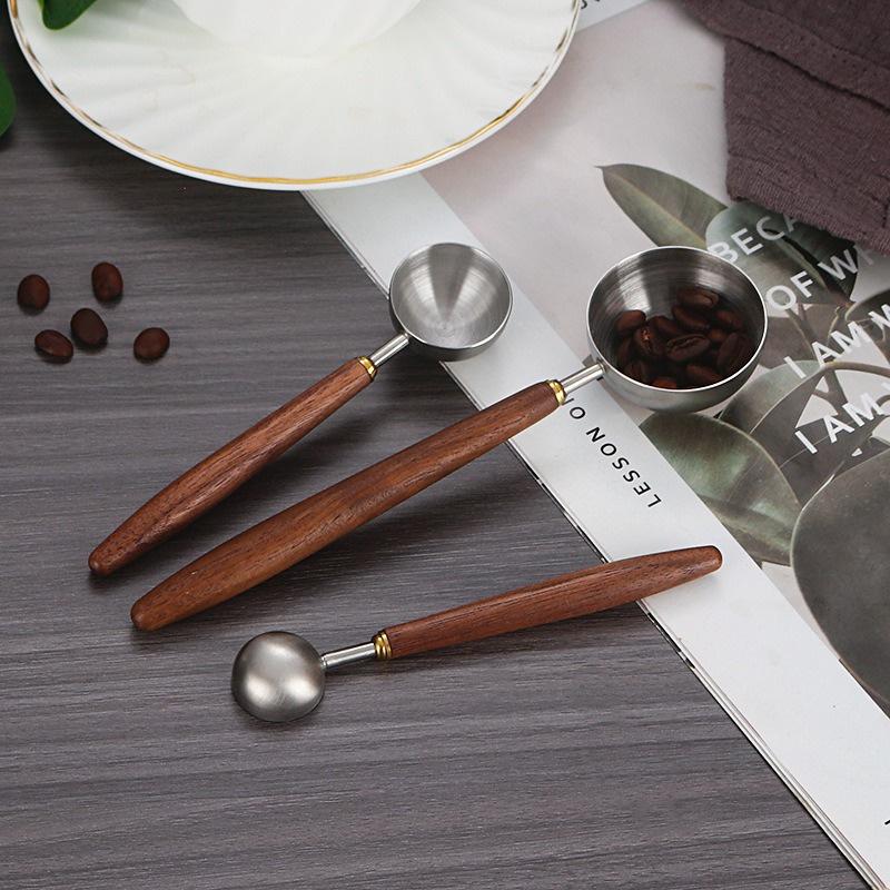 Stainless Steel Wood Handle Coffee Measuring Spoon Walnut Wood Long Handle Coffee Spoons Ice Cream Scoop Baking Dessert Utensils