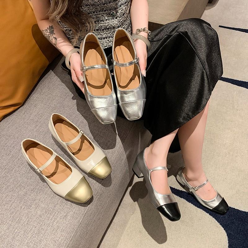 Women's Cow Leather Mix Color Patchwork Matal Belt Mary Jane Pumps 3.5cm Low Heel Square Toe Casual Female Heeled Single Shoes