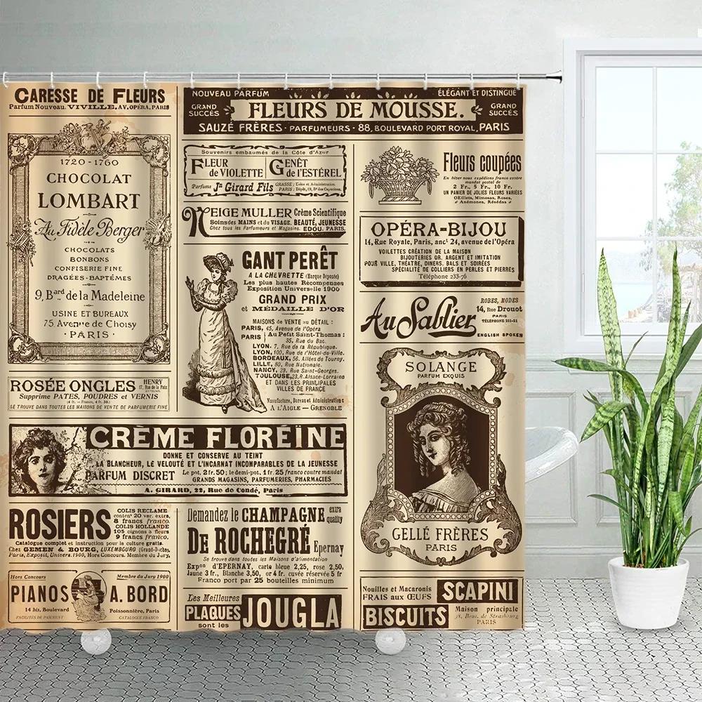 Vintage Old Newspaper Shower Curtains France Paris Tower Periodic Table Bath Curtain Retro Fabric Print Home Bathroom Decor Se