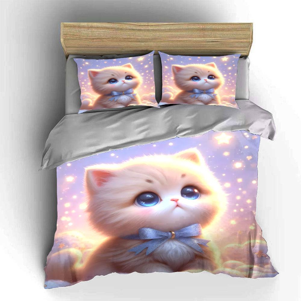 Adorable Kitten with Blue Eyes Bedding Set for Kids Luxury Gift 3pcs Digital Print Comforter Set Soft Comfortable Breathable