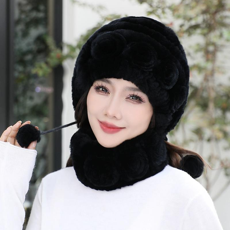 Rex Rabbit Hair Hat Scarf Two-piece Set Women's Winter In The Elderly Mother Grandma Winter Fur Scarf Cover