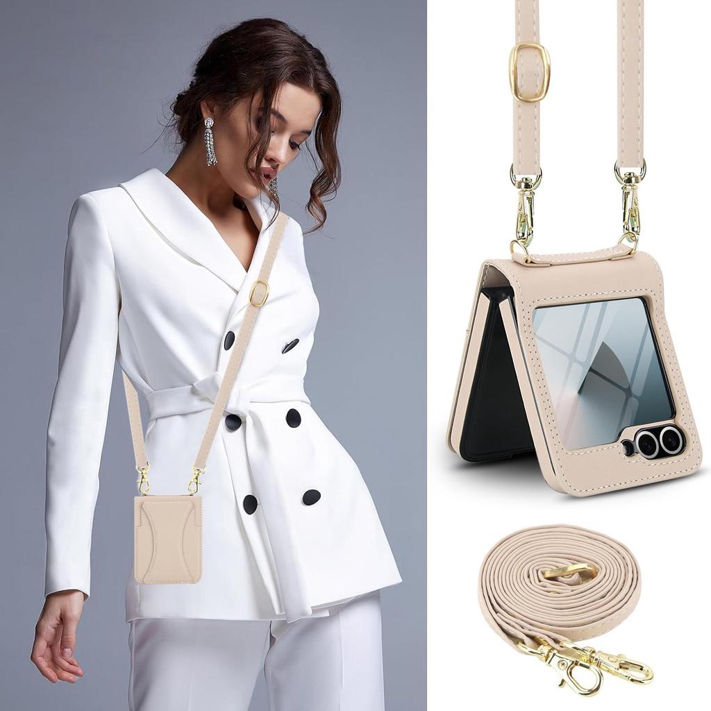 Samsung Flip6/7 Leather Crossbody Phone Case with Card Slot & Tempered Film Protection