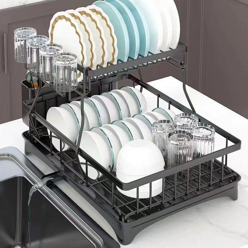 Cross-Border Kitchen Countertop Dish Rack with Cup Holder and Chopsticks Storage