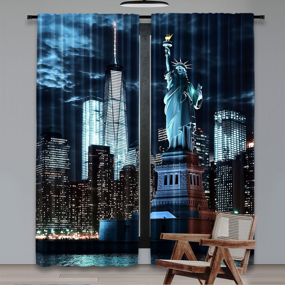 Statue Liberty Curtain New York City Skyscraper Urban Night Scene Skyline Cityscape Landmark Home Decor Nyc Party Curtains Set Of 2 Made Polyester