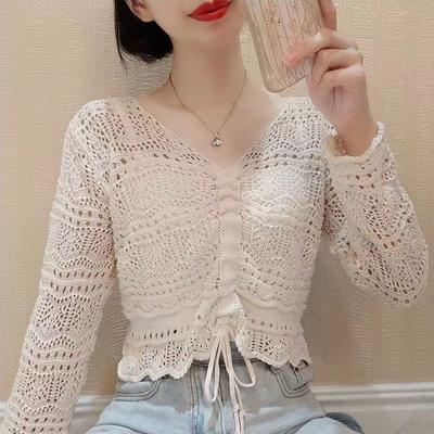 Hollow V-neck Long Sleeved Knitted Sweater for Women In Spring and Summer Thin and Loose Design Drawstring Sun Protection Top