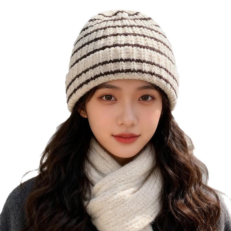 Japanese Striped Color blocked Woolen Hat for Women Fashionable and Simple Ear Protection Knitted Hat  Versatile Couple  Baotou Cold Hat Men's Trendy