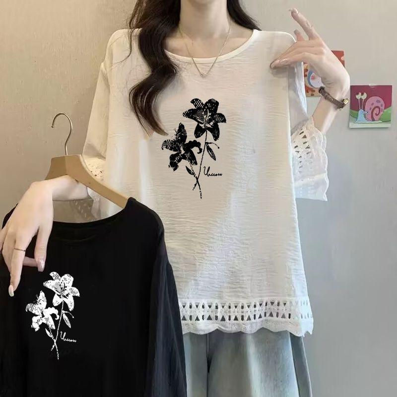 Street Casual All Match Floral and Plant Printed T-shirt for Summer Loose and Versatile Elegant Top Popular Women