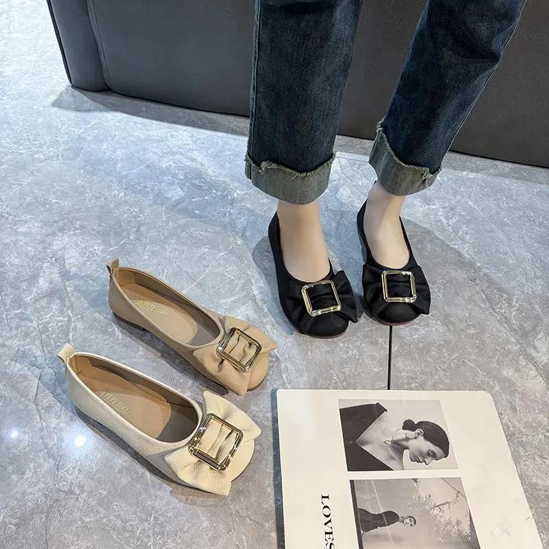 Fashion Women's Flat Shoes with Bow Round Toe White Ladies Footwear Black Harajuku Streetwear High Quality Clothing Trend 2025 Cheap