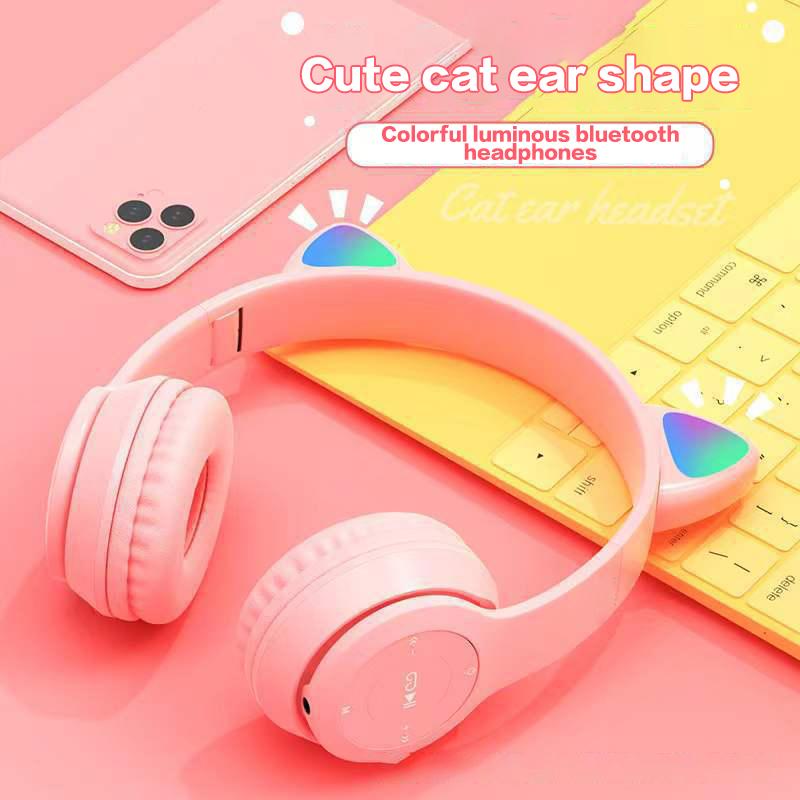 Cute Cat Ear Bluetooth Compatible Headset With Led Wireless Headset Children Girls Stereo Folding Sports Headset With Microphone