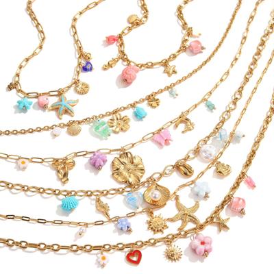 Starfish Flower Pendant Necklace with Pearl Shell On Stainless Steel Clavicle Chain