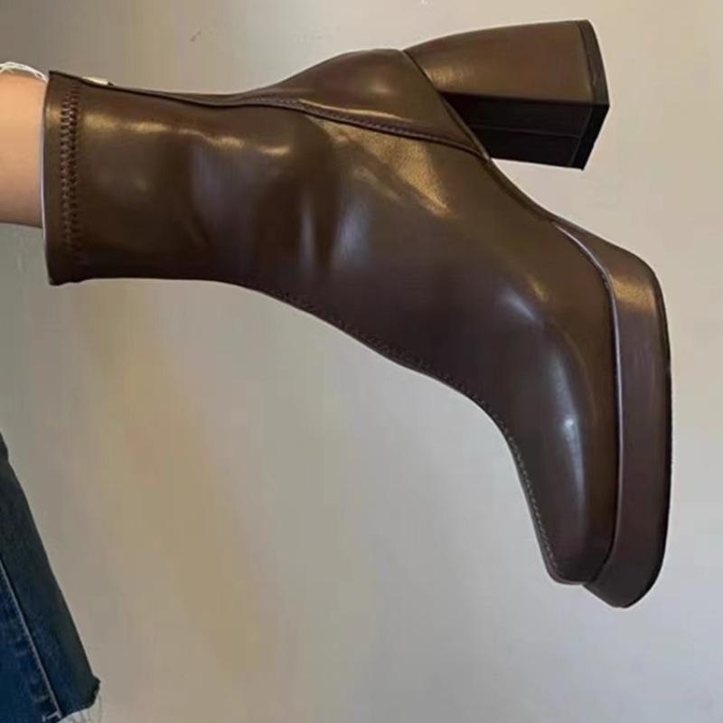 Rindslederversion~ Schwarze kurze Stiefel, Reißverschluss hinten, dicker Absatz erhöht, dünne Damen kleine dünne Stiefel erhöht