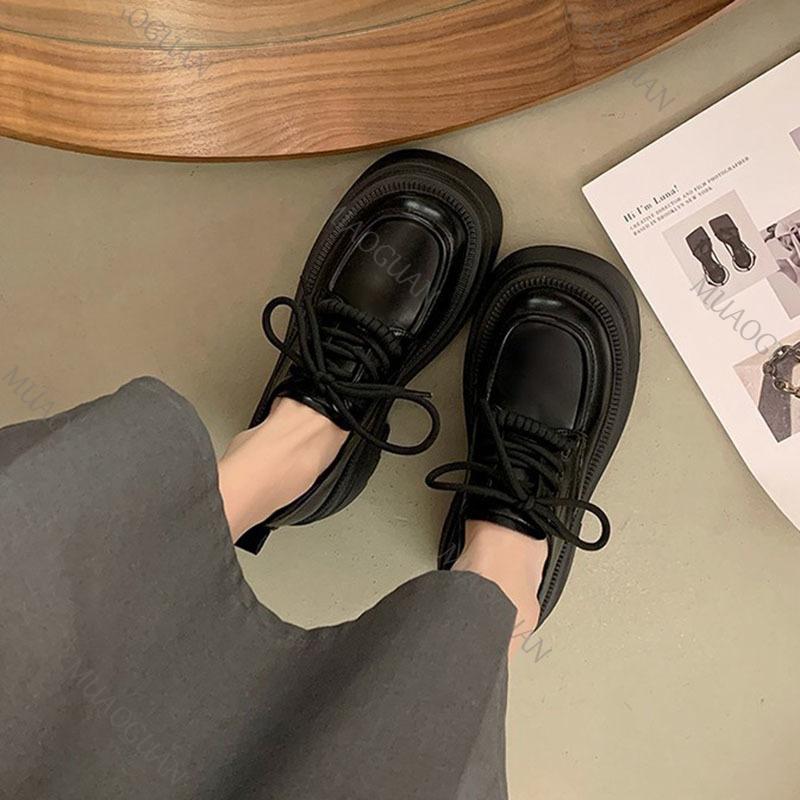 Fashion Women Spring Autumn Thick Bottom Leather Pumps Retro Round Head Lace Up Mary Janes Shoes Middle Heel Casual Loafers for Women