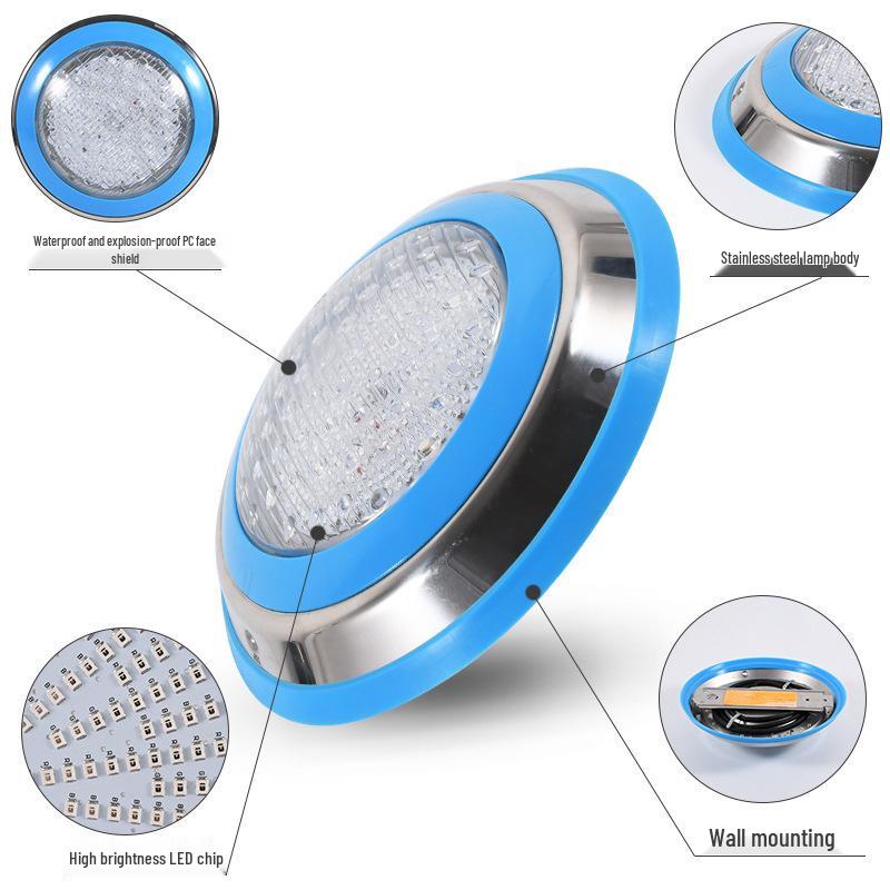 Wall-Mounted RGB LED Pool Light with Wireless Remote Control - Surface-Mounted, Stainless Steel, Round Design