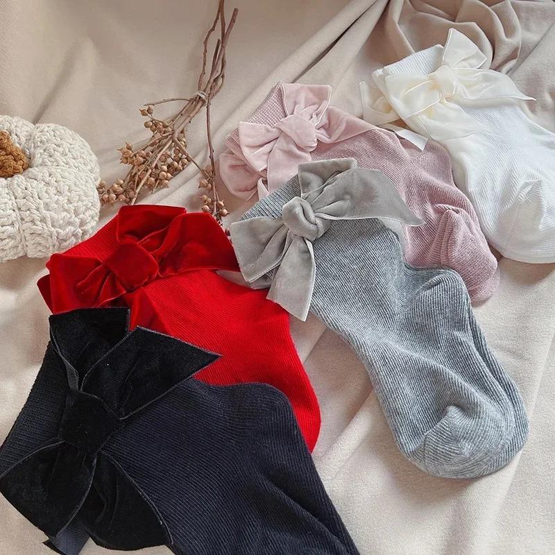 New Winter Autumn Baby Girls Socks With Big Bows Kids Ankle  Cotton Socks Toddlers Cute Short Christmas Socks For