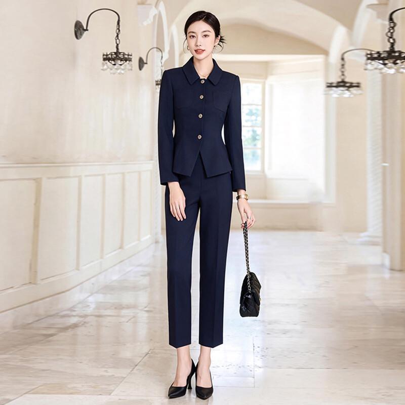 Women's Navy Polo Collar Blazer Suit Set