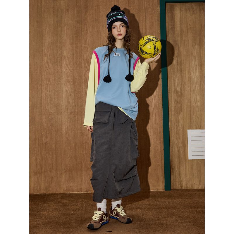 Coolhut American Retro Fashion Casual New Style Contrasting Color Stitching Fake Two-Piece Women's Round Neck T-Shirt