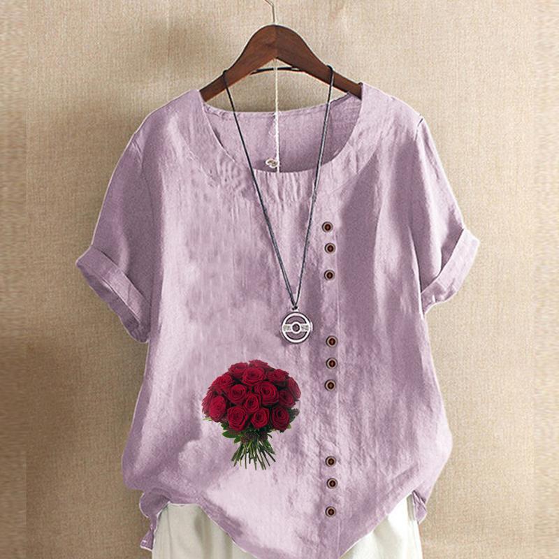 Women's Fashion Rose Prined Round Neck Short Sleeve T-shirt Casual Cotton Linen Graphic Shirt Leisure Loose Summer Blouse Tops