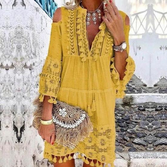 V Neck 45720 Sleeve Cold Shoulder Front Lace-up High-Waist Boho Dress Retro