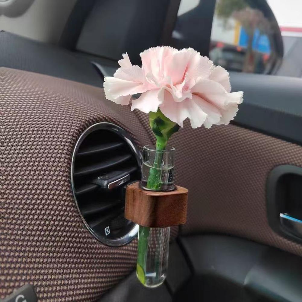 Wood Car Hydroculture Flower Vase Glass with Clip Air Vent Test Tube Flower Holder For Car Interior Plant Decor