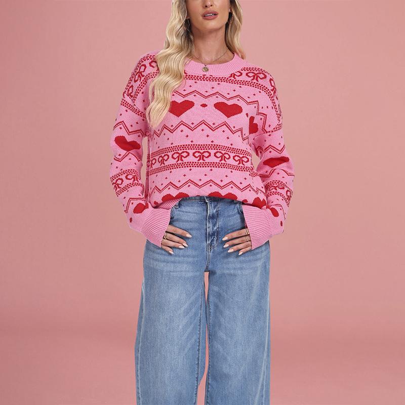 Winter New European and American Women's Love Sweater Pullover, Plus Size Christmas Casual Jacquard Knitwear