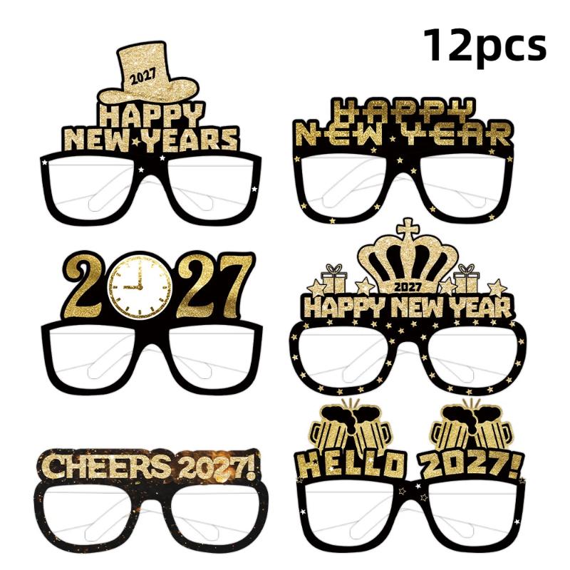 6/12/18Pcs 2027 Happy New Year Party Paper Glasses Black Gold Glitter For New Years Eve Gatherings Photo Booth Props