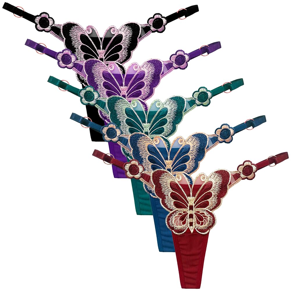TUOTISI Sexy Beautiful Butterfly Set Women's T-Back Panties, See-Through Panties, Design, Elegant, 5-Piece (Size L)