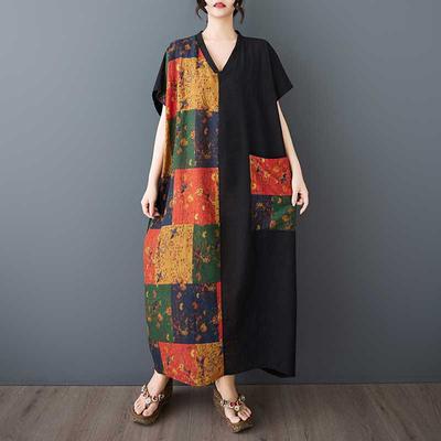 Women's Cotton and Linen Retro Slimming Short Sleeved Color Blocked Dress