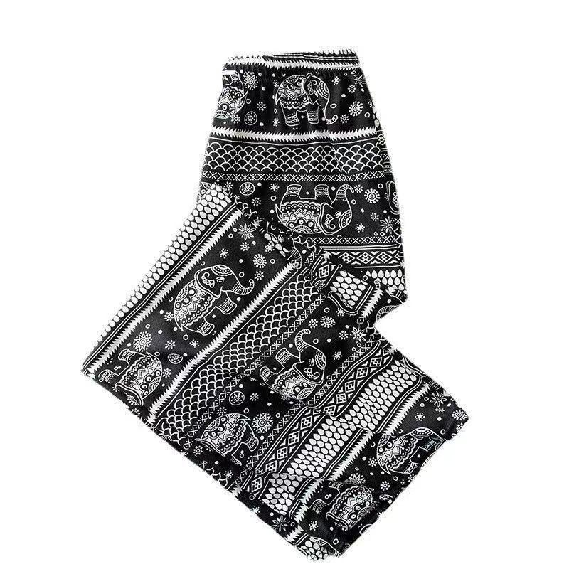 Women's Summer Bohemian Elephant Print Ice Silk Wide-Leg Yoga Pants