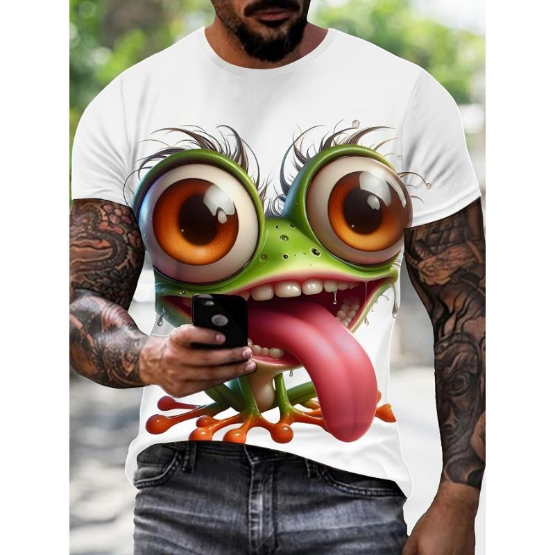 Men's Funny Frog 3D Printed T-Shirt Casual Short Sleeve Crewneck Top Cute Big Eyes Crazy Green Frog Graphic Tee Trendy Summer Streetwear Clothing