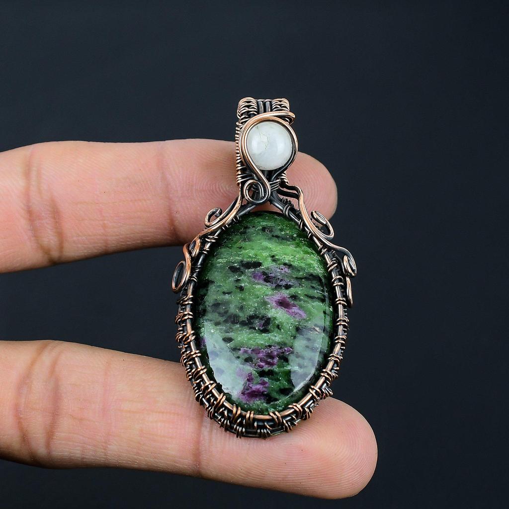 Ruby Zoisite  & Moonstone Gemstone Handmade Pure Copper Wire Wrap Jewelry Pendant For Love