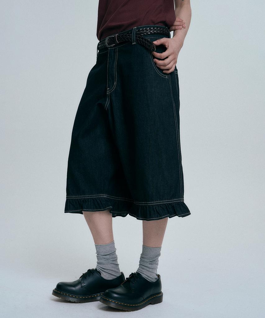 MOO Indigo Frill Bermuda Denim Pants - Black