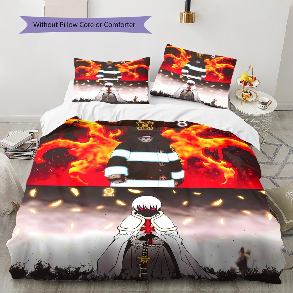 Fire Force Pattern Bedding,Quilt Set Quilt Cover Pillowcase Home Birthday Gift (1 * duvet cover + 2 * pillowcase, without core)