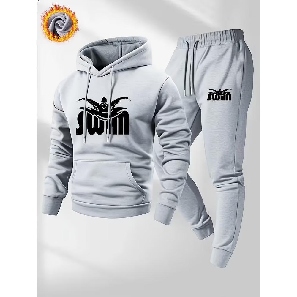 Swimming Printed Pattern Hooded Sweatshirt Set for Men's Casual Foot Binding Sweatpants Sports Set Comfortable and Breathable Daily Use