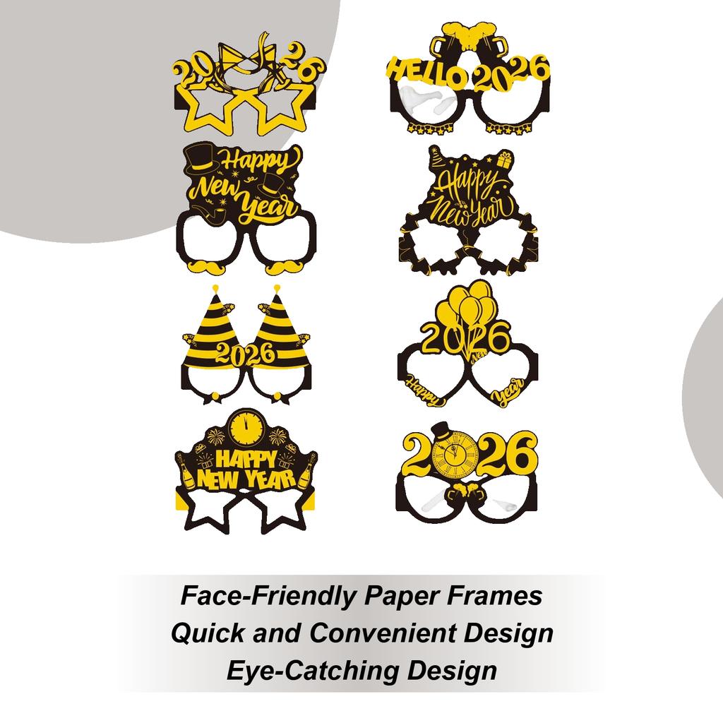 New Years Glasses 8 Pieces Festive Photo Booth Props Holiday Party Eyeglasses for Kids Teens Adults Attendees Hosts Guests Night