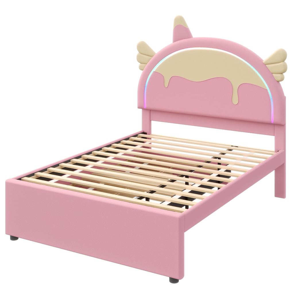 Kinderbett 140x200cm mit LED-Licht, Schlafsofa Tagesbett mit Ausziehbett & Schubladen, Ohne Matratze