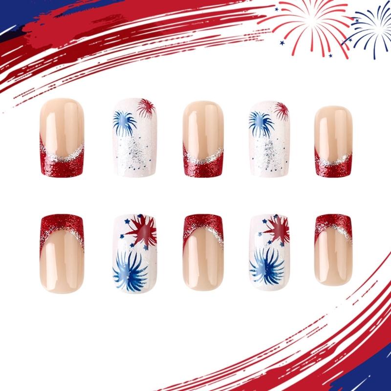 4th of July Press on Nail Square French Tip Fake Nail Independence False Nail with American Flag Star Stick on Nail