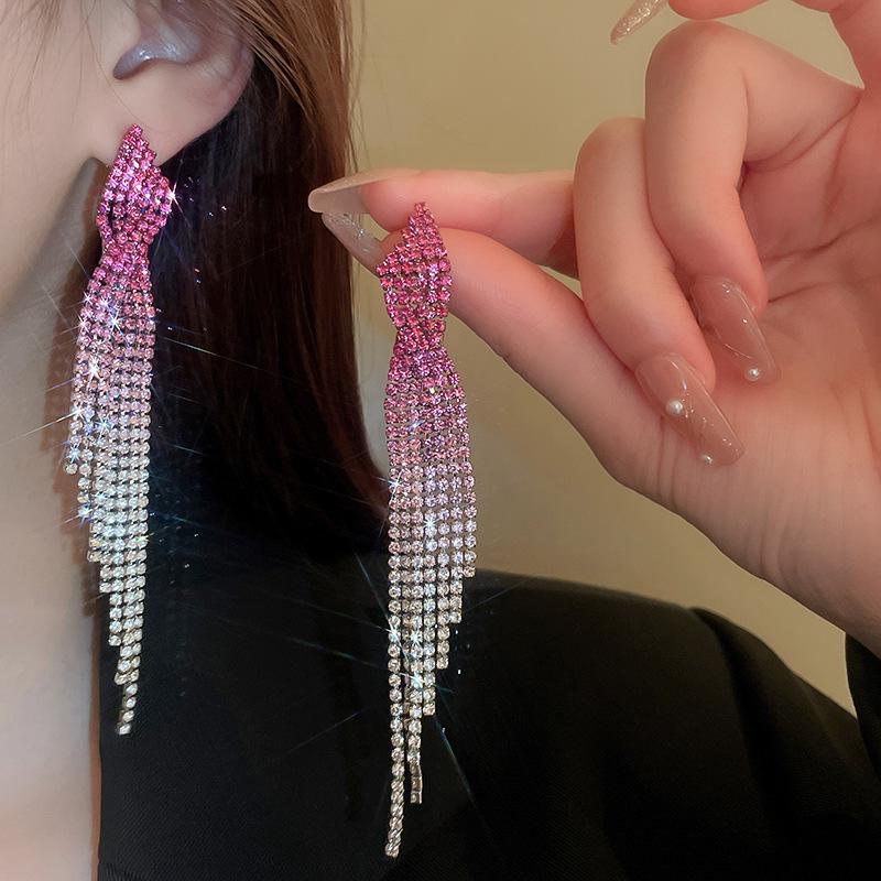 European & American Style Full Diamond Long Tassel Earrings for Women