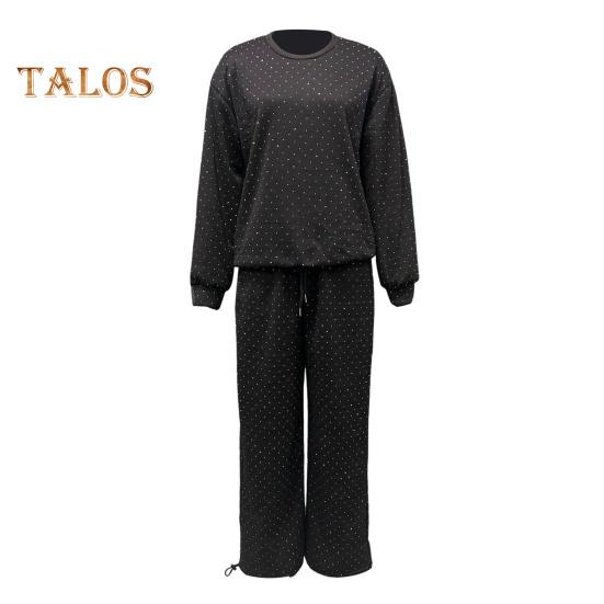 2 Teile/satz Damen Top Hosen Anzug Rundhals Langarm Strass Dekor Sweatshirt Elastische Taille Weite Bein Hose Alltagskleidung Sport Outfit Herbst