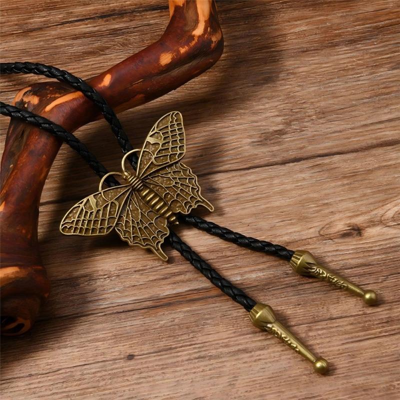 Bolo Tie Cowboy Costume Accessory for Men and Women Adjustable Length Vintage Metal Butterfly Pendant Necktie Necklace