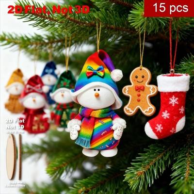 15Pcs 2D Colorful Christmas Snowman Doll Ornaments Cartoon Rustic Hanging Decoration Wooden Xmas Tree Decorations Festive Season