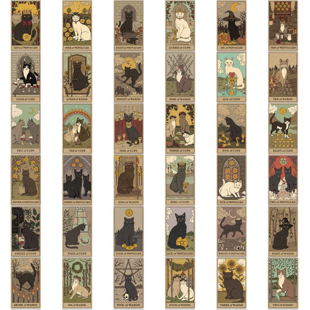 Cute Cartoon Cat Tarot Card Stickers Waterproof Retro Style Suitable For Luggage Skateboards Computers Tablets