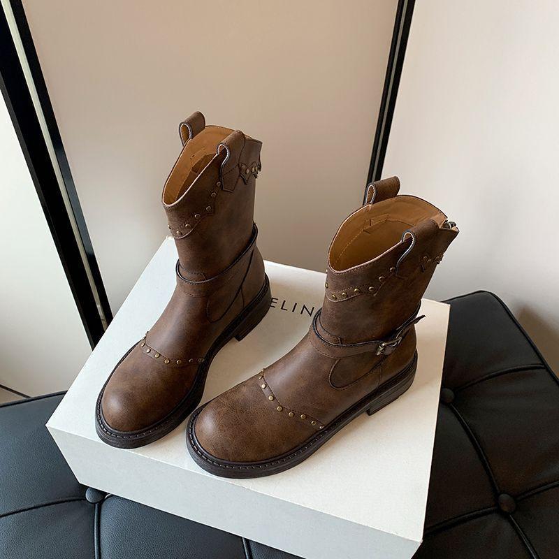

British style rivet thick heel medium tube Martin boots, women s 2025 new models, autumn and winter belt buckle short boots 40