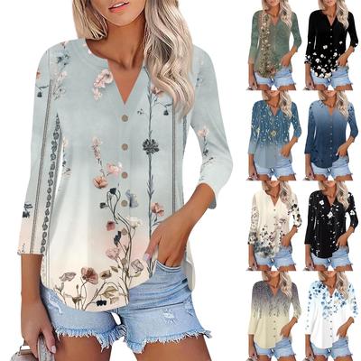 Damen Button-Down-Cardigan-T-Shirts 3/4-Ärmel V-Ausschnitt T-Shirts Lässige Mode Bedruckte T-Shirt-Oberteile