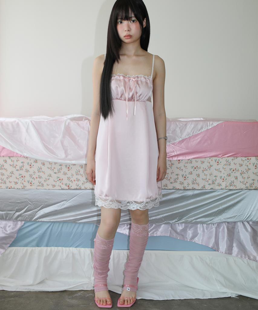 NOFFICIALNOFFICE Satin Ribbon Lace Slip Dress Pink