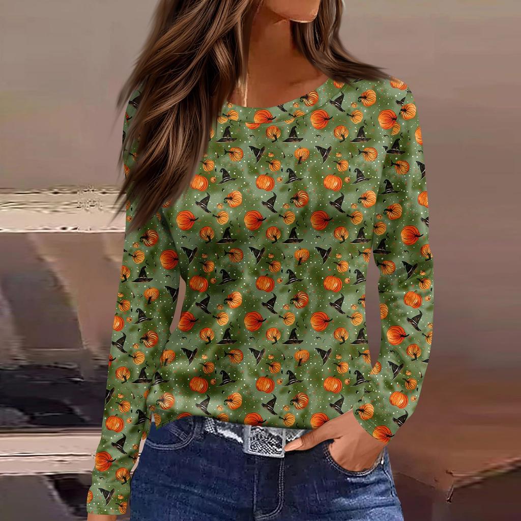 Women's Fashion Hem Slit Casual Halloween Printed Round Neck Long Sleeve Top