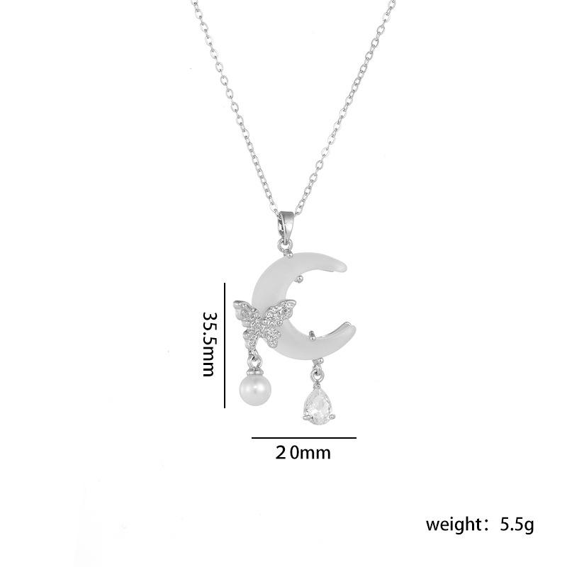 Stainless Steel Chain Sweet Shiny Zircon Butterfly Resin Moon Pendant Necklace for Women Lady Fashion Jewelry Accessories Gifts