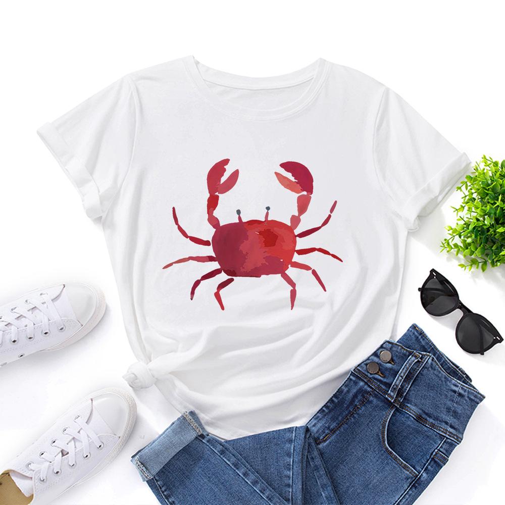 Fashion Women's Clothing Cute Crab Print Loose Crew Neck Short Sleeves T-Shirts Women’s