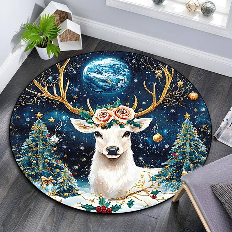 Winter Deer Round Area Rug,Carpet Rug for Living Room Bedroom Sofa Playroom Decor,Non-slip Floor Mat