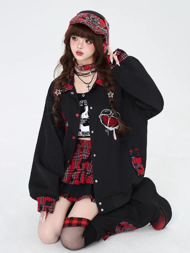 Autumn Winter Punk Harajuku Coats American Vintage All Match Casual Commuter Loose Jackets Constrast Color Japan Print Clothing