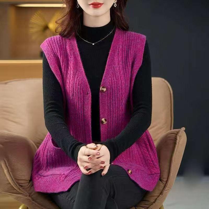 Gilet in Maglia da Donna Scollo a V Lavorazione a Treccia Colore Unito Gilet Cardigan Caldo Morbido Autunno Inverno